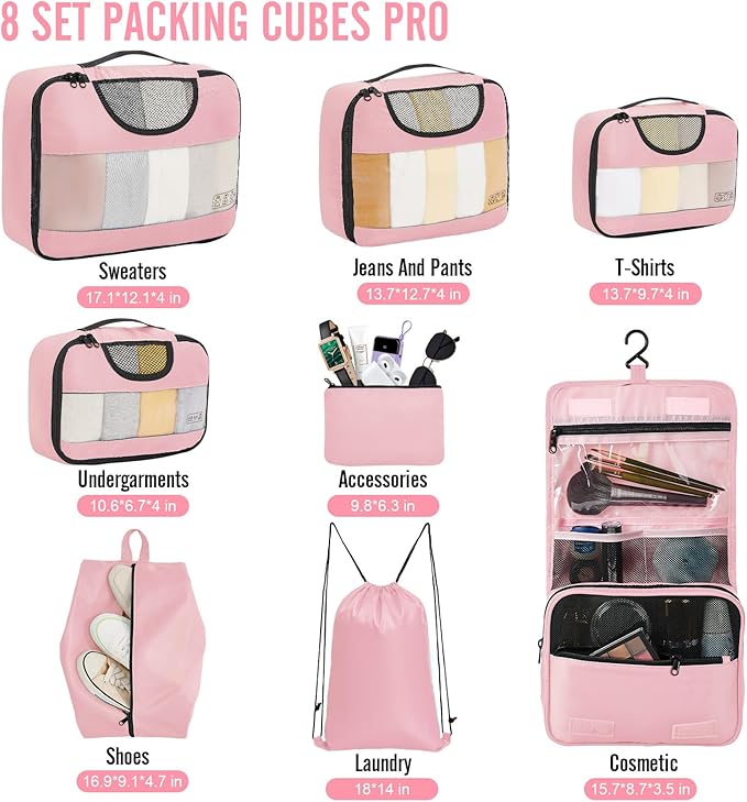 Veken 8 Set Packing Cubes for Travel Essentials, Pink Suitcase Organizer Bags in 4 Sizes, Carry-On Luggage Accessories with Large Laundry & Hanging Toiletry Bag, Must-Have for Airplane, Road Trip