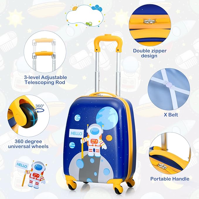 HONEY JOY Kids Luggage, 12" Toddler Backpack & 16" Travel Suitcase with Wheels, Lightweight Toddler Girls Suitcase, Durable ABS Hardshell, 2Pcs Carry On Luggage Set for Boys Girls