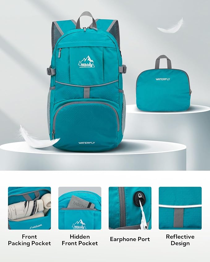 WATERFLY Hiking Foldable Daypack Backpack: 25L Ultra Lightweight Packable Waterproof Outdoor Travel Day Pack for Woman Man