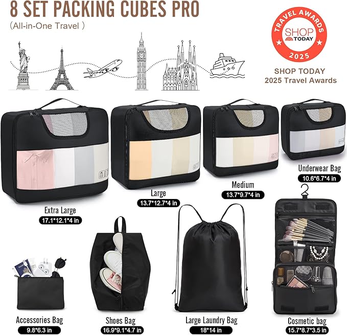 Veken 10 Set/8 Set Packing Cubes for Travel Essentials, Suitcase Organizer Bags in 4 Sizes, Carry-On Luggage Accessories with Large Laundry & Toiletry Bag, Must-Have for Airplane, Road Trip & Camping