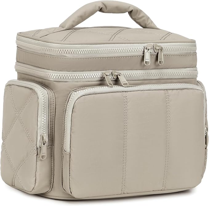 LEDAOU Toiletry Bag for Women,Quilted Travel Makeup Bag Organizer with Double Deck, Large Wide-open Cosmetic Make up Bag for Travel Essentials (Camel)