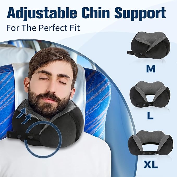 Neck Pillow for Traveling, Travel Pillows for Airplanes,100% Pure Memory Foam Travel Neck Pillow, Adjustable Flight Pillow, Portable Plane Accessories with Eye Mask, Earplugs, Carry Bag