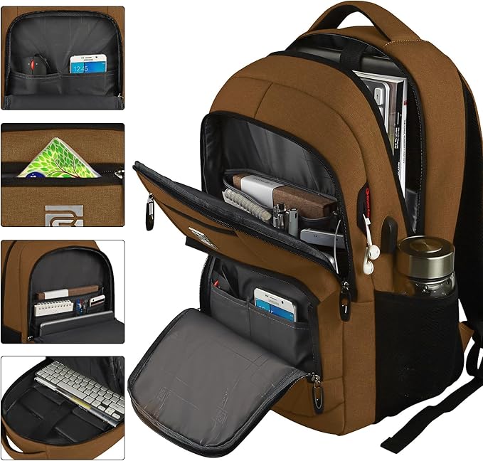 Laptop Backpack,Business Travel Anti Theft Slim Durable Laptops Backpack with USB Charging Port,Water Resistant College Computer Bag for Women & Men Fits 15.6 Inch Laptop and Notebook-Brown