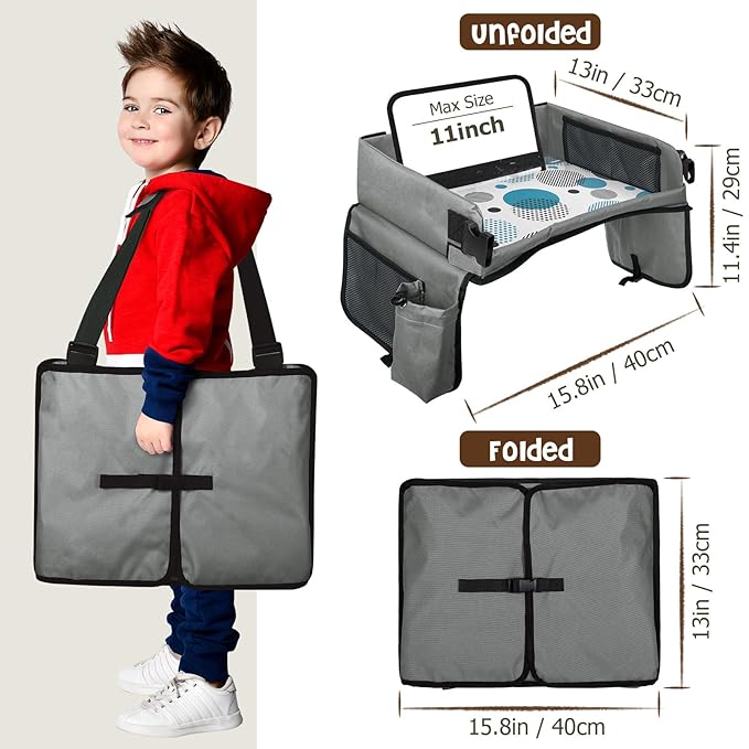 [New Version] Car Seat Organizer Kids Travel Tray for Kids Toddlers Activities in Car Seat, Stroller, Airplane | Touch Screen iPad Holder | Waterproof Dry Erase Top | Side Pocket & Water Bottle Holder