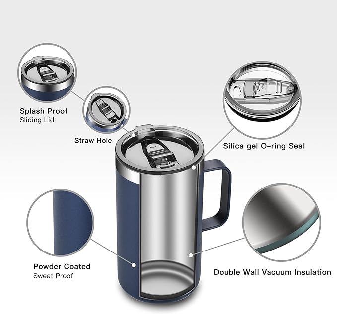 KXIAOCHEN 20oz Insulated Coffee Mug with Lid, Stainless Steel Coffee Cup, Double Wall Vacuum Coffee Tumbler with Handle, Premium Thermal Travel Coffee Mug (Pink Navy 2Pack)