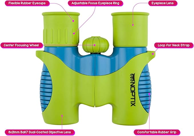 Binoculars for Kids, Girls or Boys Real Kids Binoculars in Vibrant Green Blue - Includes Sticker Book with 40 Bird Species - Small Toys for Toddlers