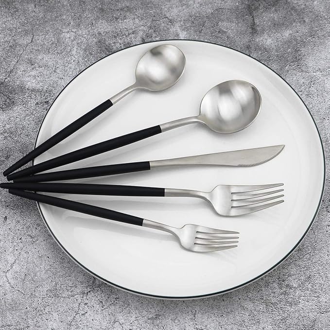 Gugrida Black Handle Matte Silver Silverware Set - 5-Piece 18/10 Stainless Steel Satin Finish Flatware, Kitchen Utensils, Tableware Travel Cutlery for Camping Office Lunch - Dishwasher Safe