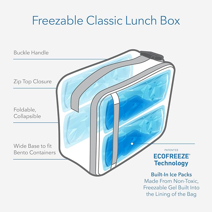 PackIt Freezable Classic Lunch Box, Daisy Sage, Built with ECOFREEZE Technology, Collapsible, Reusable, Zip Closure With Zip Front Pocket and Buckle Handle, Designed for Fresh Lunch On the Go