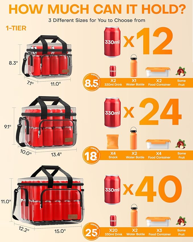 HOTOR Lunch Box for Men and Women - Leak-Proof Insulated Lunch Cooler Bag with Adjustable Strap, Multiple Pockets for Office, Picnic, Hiking, Beach, 1 Layer, 25L, Black, 15.0" x 11.0" x 12.2"