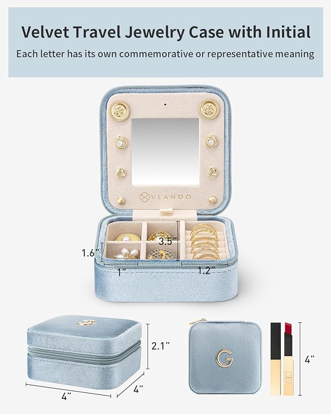 Vlando Valentines Day Gifts for Her, Bridesmaid Gifts for Women, Bridesmaid Proposal Gifts Unique Gifts, Wedding Travel Essentials Small Jewelry Box, Travel Jewelry Case - Letter G, Blue