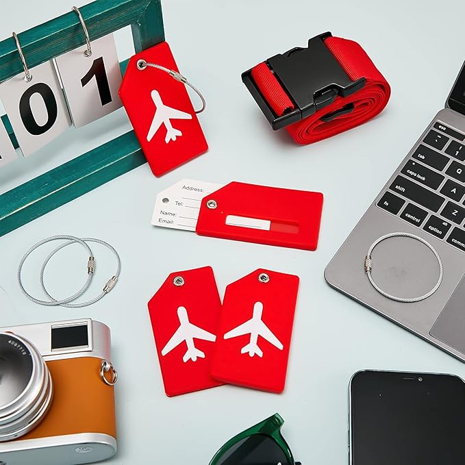 Weewooday 8 Pcs Luggage Straps Suitcase Tags Set for TSA Approved, 4 Travel Adjustable Suitcase Belt, 4 Silicone Luggage Tags with Name ID Card Travel Accessories(Red,Airplane)