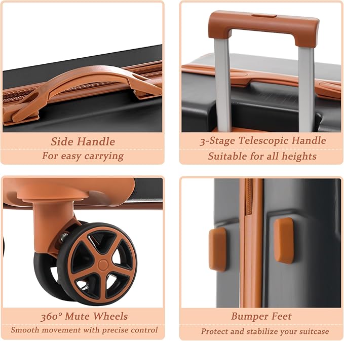 Merax Luggage Sets 3 Piece Hardshell 8 Spinner Wheels Lightweight Suitcase Corner Guards Travel Luggage (Black brown 20IN 24IN 28IN)