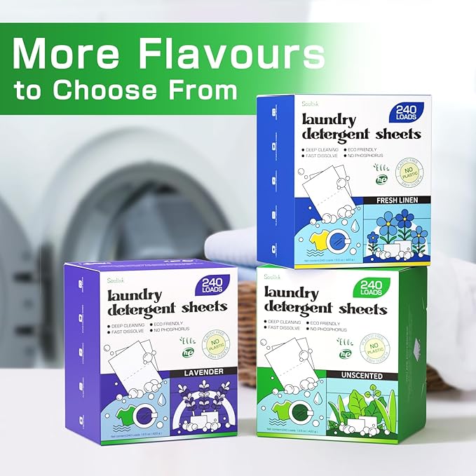 Soulink Laundry Detergent Sheets Unscented 240 Loads，Eco Friendly Detergent Sheets for Travel & Home - No Plastic Jug Liquidless Soap Strips, Plant-based, Hypoallergenic. Safe for Sensitive Skin