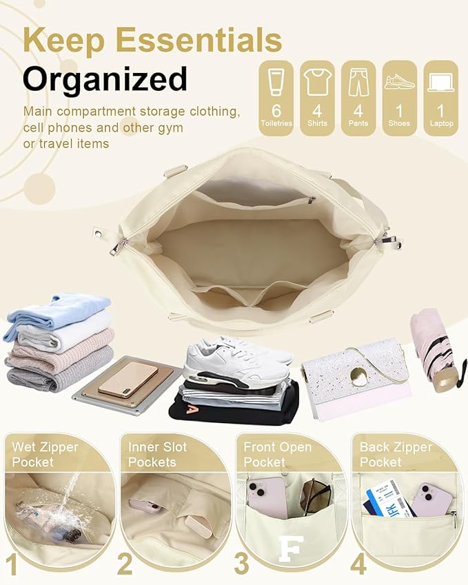 Initial Travel Duffel Bag Sports Gym Bag for Kids Teen Birthday Gifts,Beige Personalized Weekender Bag Carry On Dance Bags for Women Men,Waterproof Monogram Overnight Bag with Trolley Sleeve(Letter F)
