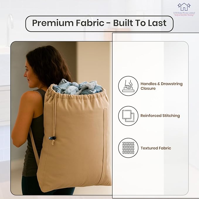 LFH Home Cotton Canvas Large Laundry Bag with Handle, Heavy Duty Drawstring Closure Washable Laundry Bags, School Travel, Home, Hotel, College Dorm, Organizer Sack, Toys Clothes 20x30-Beige