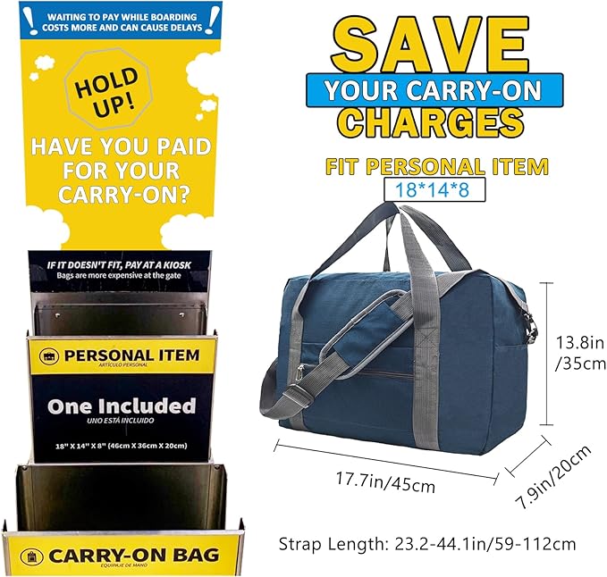 For Spirit Airlines Personal Item Bag 18x14x8 in Underseat Carry-on Luggage foldable Travel Duffle Bag for Airplanes(30L, Navy)