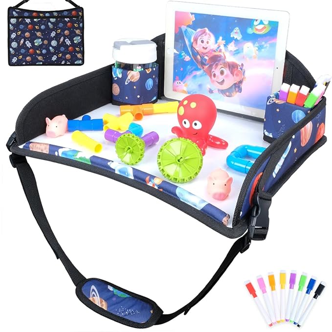 COOLBEBE Kids Travel Tray for Toddler Car Seat, Travel Tray for Airplane, Toddler Car Seat Lap Tray, Carseat Table Tray for Kids Travel Activities (Blue Space)