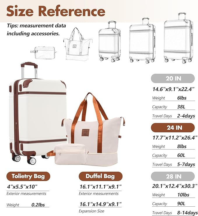 Merax Suitcase Set 28 inches Expandable Luggage with TSA Lock Spinner Wheels Hardshell Lightweight Vintage Luggage with Travel Bag,White