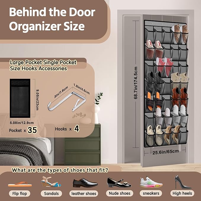 35 Pocket Over the Door Shoe Organizer,Reusable Breathable Large Mesh Bag Men's & Women's Sneaker Organizer,Shoe Organizer for Kids,Hanging Shoe Storage Hanging Bag (Gray)