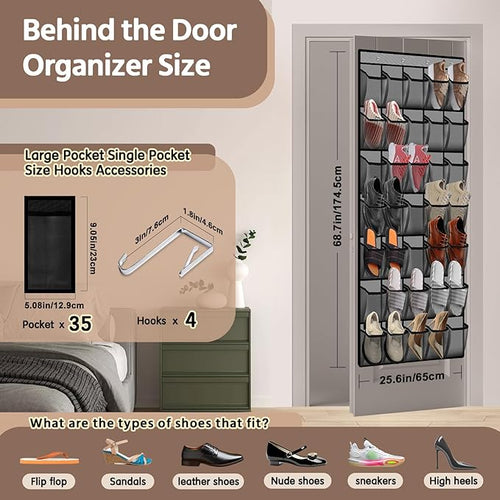 35 Pocket Over the Door Shoe Organizer,Reusable Breathable Large Mesh Bag Men's & Women's Sneaker Organizer,Shoe Organizer for Kids,Hanging Shoe Storage Hanging Bag (2PCS-Gray)