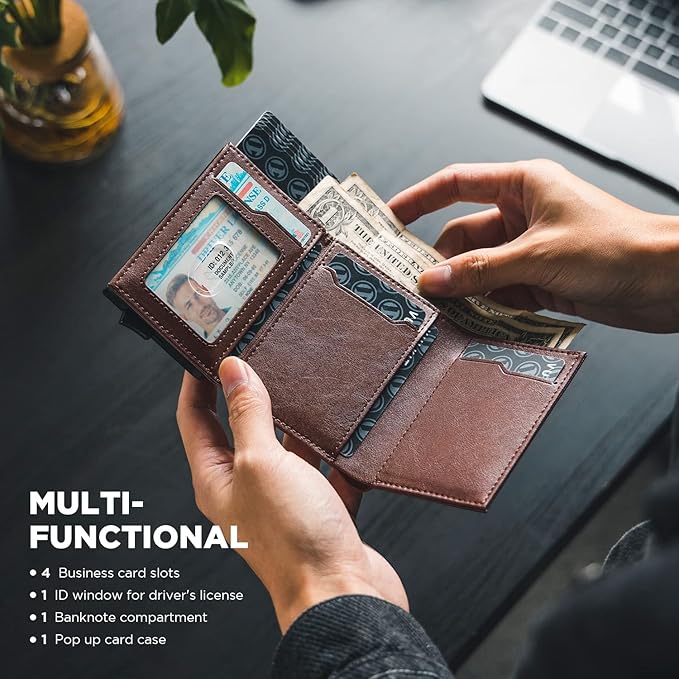 VULKIT Pop up Card Wallet Minimalist Cash Wallets RFID Blocking Leather Smart Credit Card Holder with ID window for Men(Espresso)