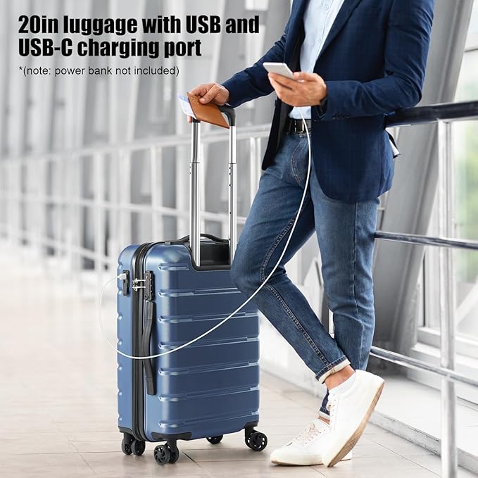 Coolife Luggage Suitcase Carry-on Spinner TSA Lock USB Port Expandable (only 28’’) Lightweight Hardside Luggage (Teal Blue, S(20in_carry on))