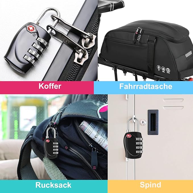 ZHEGE Luggage Locks TSA Approved, Zipper Locks for Suitcase, Backpack, Tent, 4 Digit Small Combination Padlocks for Travel, Gun Case, Gym Lockers (Black, 2 Pack)