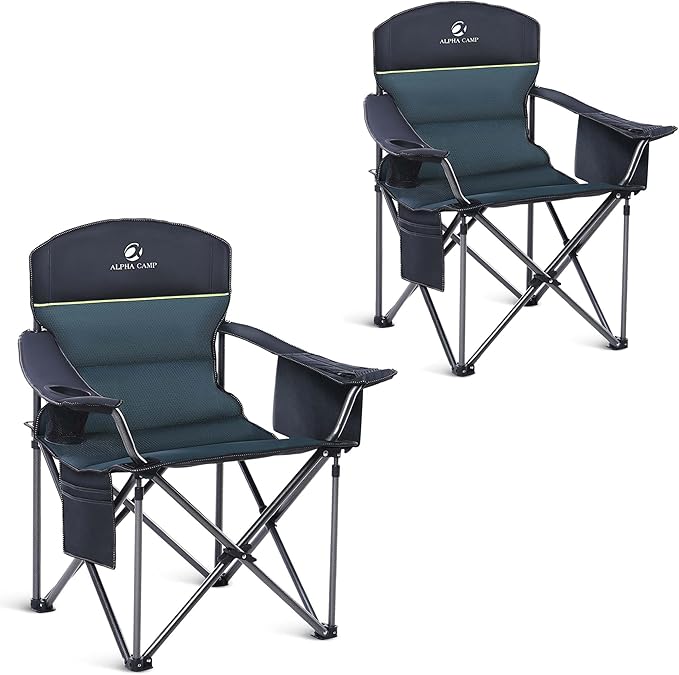 ALPHA CAMP Oversized Camping Chair Heavy Duty Lawn Chair with Cooler Bag Support 450 LBS Steel Frame Collapsible Padded Arm Quad Lumbar Back Folding Chair for Lawn Outdoor