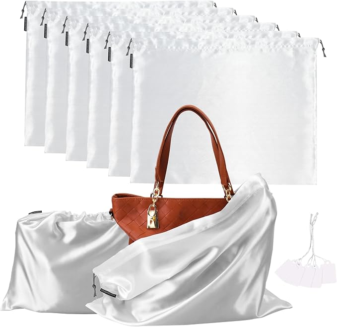 6 Pack Dust Bags for Handbags Silk Dust Cover Bag for Handbags Purses Shoes Boots, Silk Dustproof Drawstring Bag Travel Storage Pouch (White, 19.6 × 15.7 in)
