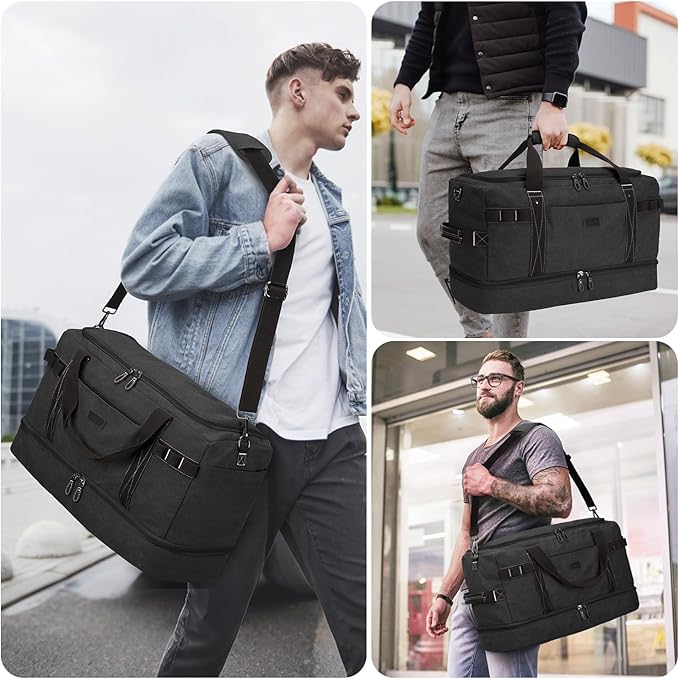 ZOMFELT Travel Duffle Bag for Men, Waterproof Canvas Overnight Duffel Bag with Removable Dividers & Shoe Compartment, Carry On Weekender Gym bag, Multi-Pocket & Vintage Design (Washed Black)