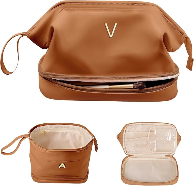 Travel Gifts for Women, Personalized Makeup Bag, Monogrammed Gifts, Initial Double Layer Cosmetic Bag with Makeup Brush Organizer, Travel Toiletry Bag, Gifts for Female Mom, Teen Girl Gifts