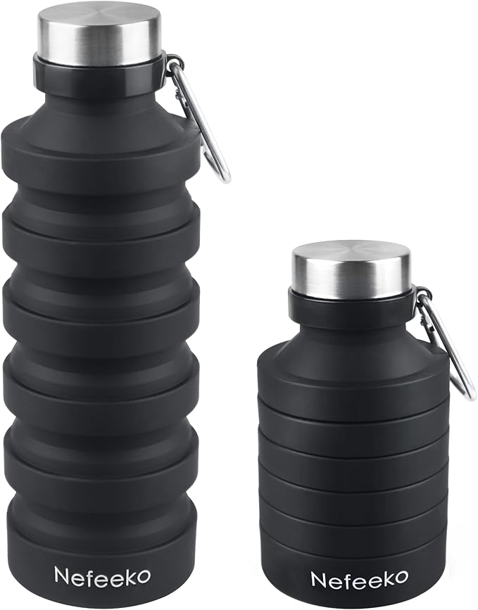 Nefeeko Collapsible Water Bottle, Reuseable BPA Free Silicone Foldable Water Bottles for Travel Gym Camping Hiking, Portable Leak Proof Sports Water Bottle with Carabiner