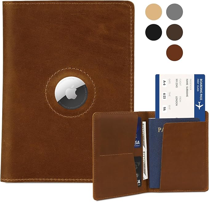 Passport Holder for Men and Women Travel, Real Leather Passport Wallet, Handmade Passport Cover Case with Airtag Slot, Travel Must Haves Essentials Accessories Birthday Gifts(Crazy Horse,Brown)
