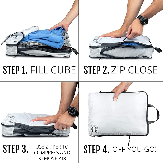 Large Compression Packing Cubes 6 Piece Set for Travel with Lightweight Laundry Bag for Carry-On Suitcase by TRIPPED Travel Gear (White)
