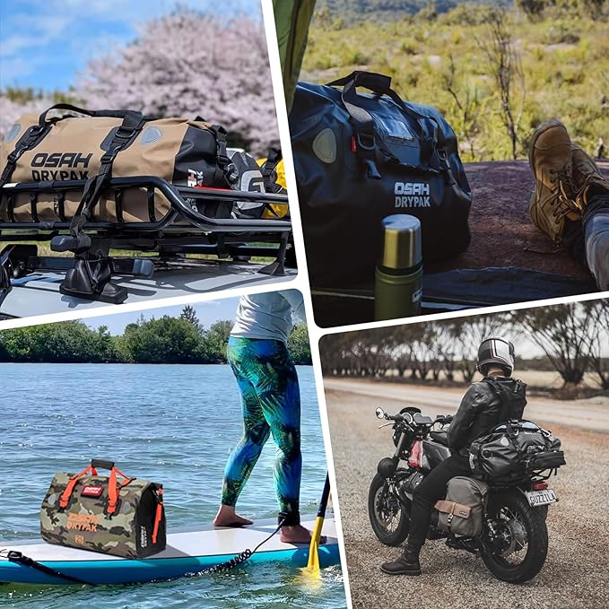 Waterproof Duffel& Luggage Bag - Motorcycle Dry Bag Tail Saddle Bags with Roll Top Closure,Large Storage Space,for Camping, Kayaking, Fishing & Traveling(Grey, 60L)