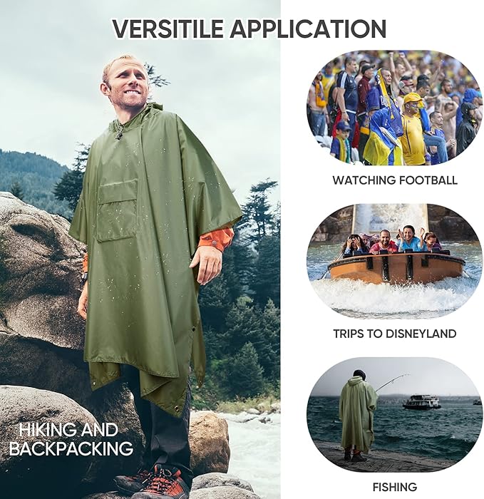 PTEROMY Hooded Rain Poncho for Adult with Pocket, Waterproof Lightweight Unisex Raincoat for Hiking Camping Emergency