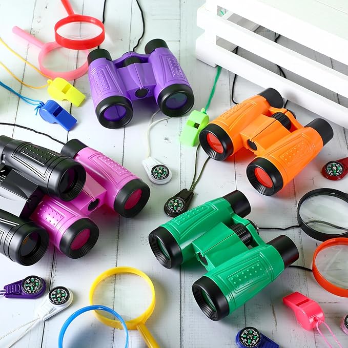 12 Set Binocular Compass Magnifying Glass Set Christmas Birthday Gift Small Telescope Binocular with Whistle Bag for Outdoor Exploring Stocking Stuffer(Stylish Color,Classic)