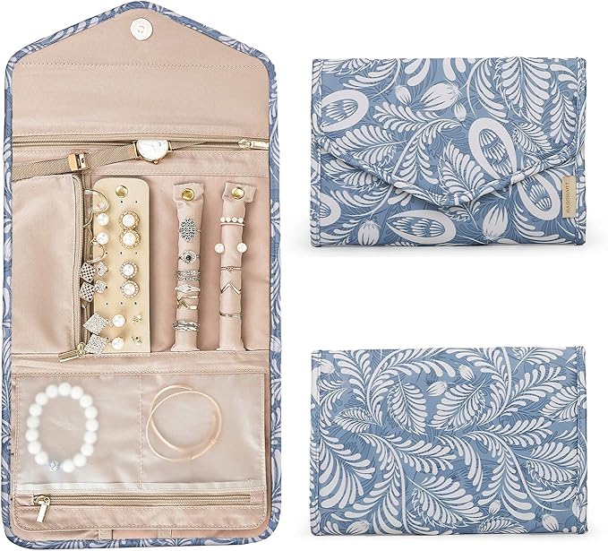 BAGSMART Travel Jewellery Organiser Roll Foldable Jewelry Case for Journey-Rings, Necklaces, Bracelets, Earrings, White Leaf