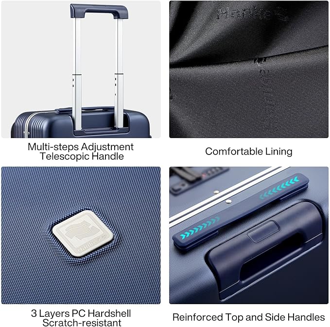 Hanke 20 Inch Carry On Luggage with Front Pocket Aluminum Frame, Hard Shell Suitcases with Wheels, Rolling Luggage, Suitcase with Lock, Travel Luggage for Weekender, Dark Blue
