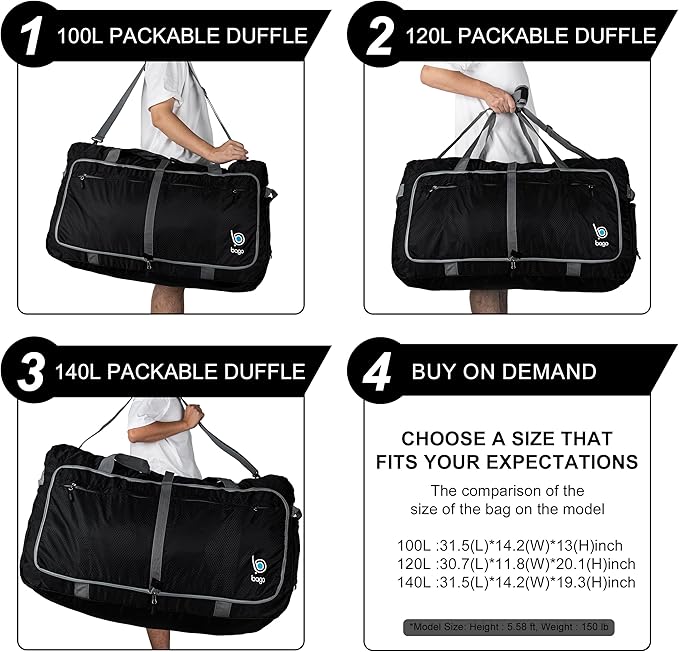 Bago Large Foldable Duffel Bags for Traveling Women & Men - 100L Packable Duffle Bag for Travel with Shoe Compartment - Water Repellant, Heavy Duty, Lightweight Folding & Collapsible (SnowDepBlue)