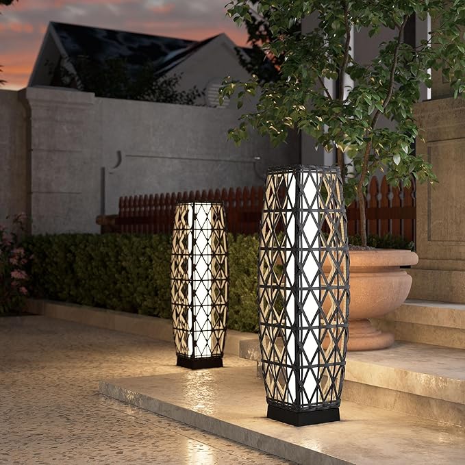 Grand patio 2-Piece Solar Outdoor Floor Lamp Solar Powered Wicker Lantern Outdoor Weather-Resistant Deck Light for Garden Porch Yard-Silver Gray, Large Cindy