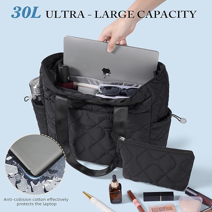 TOPEAST Tote Bag for Women, Large Puffer Tote Bag with Zipper, Lightweight Work Bags for Women, Quilted Bags for Nurse Travel