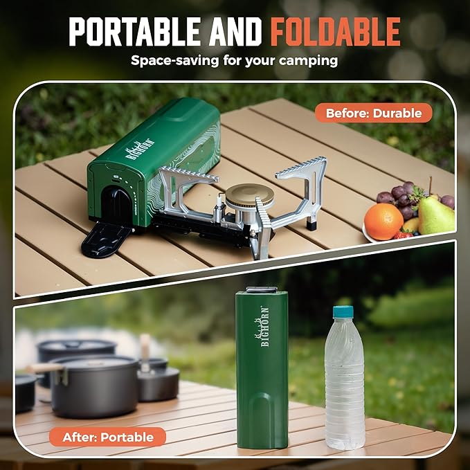 BIG HORN OUTDOORS Butane Camping Stove, Portable Folding Gas Burner with Carry Bag for Camping, Emergency Use and Outdoor Cooking