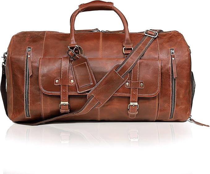 Duffle Leather Travel Bag for Women Men Gym Sports Overnight Weekend Airplane Cabin Bag 28 Inch Large Size Travel Bag with Shoe Compartment by Cureo