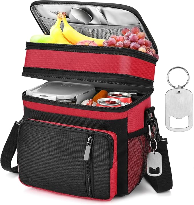 Insulated Lunch Bag Women & Men | Large Adult Lunch Box | Double-Layer Reusable Lunch Bags | Leak-Proof Tote Cooler Bag for Work Picnic Outdoors | 16L, Red