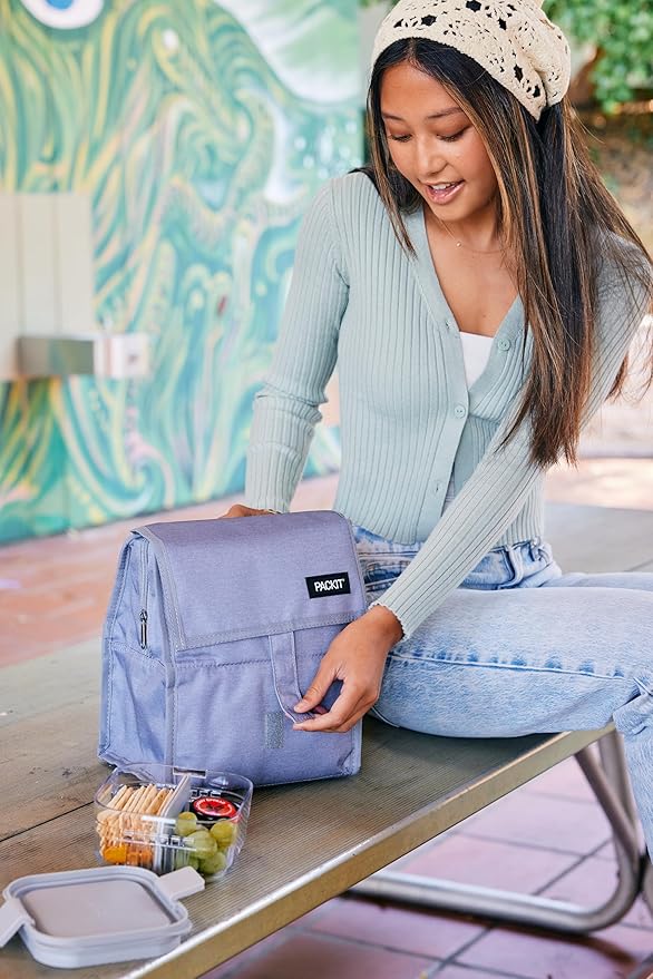 Packit® Freezable Lunch Bag, True Blue, Built with ECOFREEZE® Technology, Foldable, Reusable, Zip and Velcro Closure with Buckle Handle, Designed for Work Lunches and Fresh Lunch On the Go