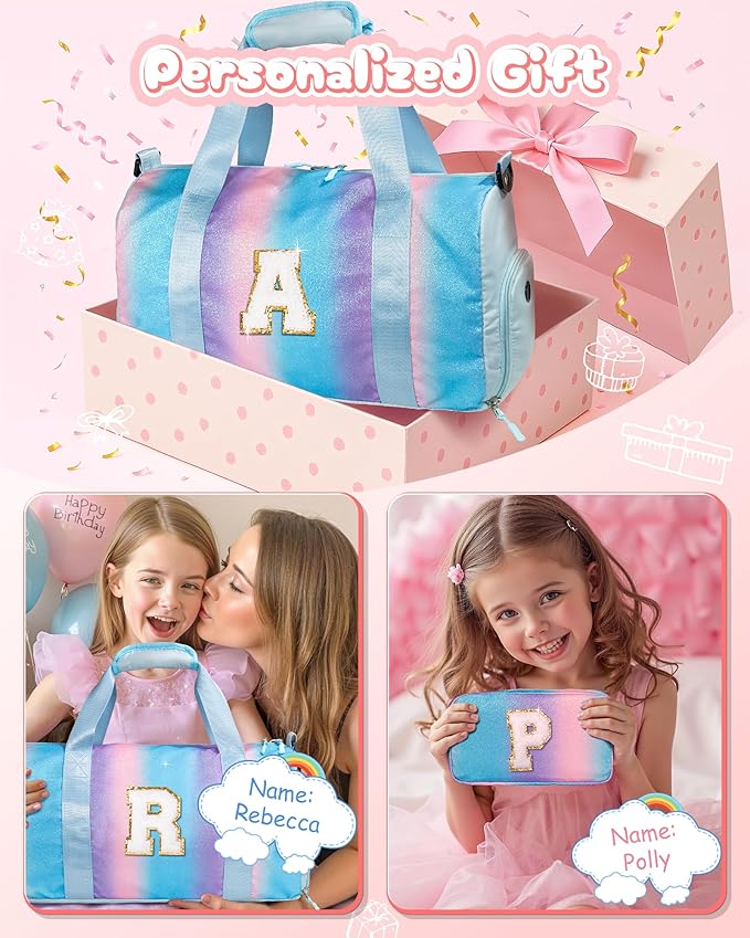 Gifts for 3 4 5 6 7 8 9 10 Year Old Girls-Girl Gym Bag with Shoe Compartment, Kid Personalized Weekender Overnight Bags, Initial Travel Tote with Makeup Pouch, Gift Ideas for Kids (Letter M)