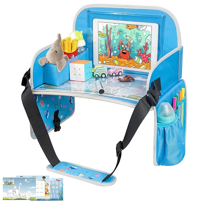 MENZOKE Kids Travel Tray, Car Seat Tray for Kids Travel, Toddler Essentials Girls with Tablet Holder, Road Trip Essentials with Cooler Cup Holder, Dry Erase Board & Storage Pocket for Airplane, Blue