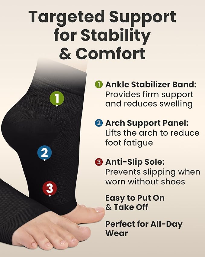KEMFORD Ankle Compression Sleeve - Plantar Fasciitis Braces - Open Toe Compression Socks for Swelling, Sprain, Neuropathy, Foot Arch Support for Men and Women - 20-30mmhg, XL, Black