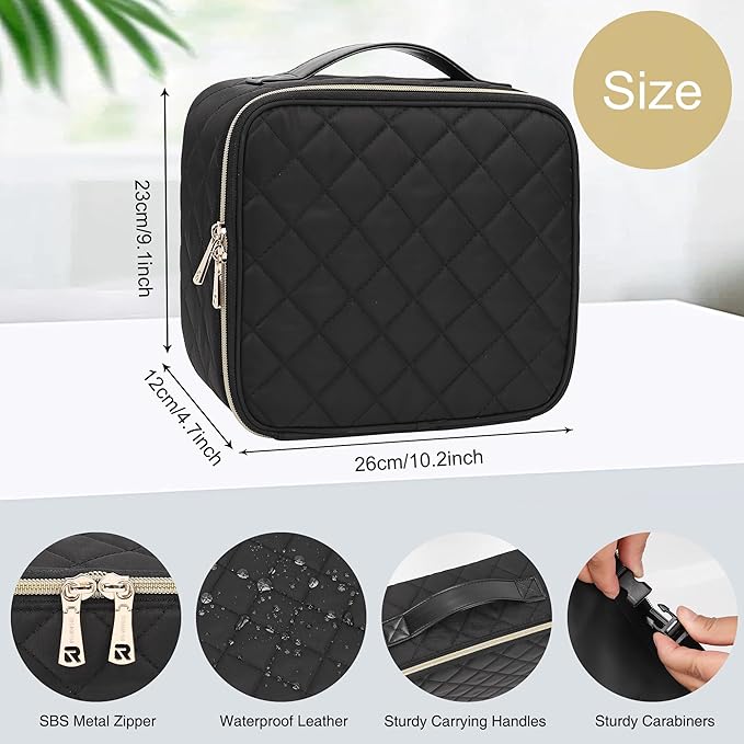 Relavel Travel Makeup Bag With Light Up Mirror, Cosmetic Train Case with LED Mirror, Professional Makeup Case for Makeup Artist, Waterproof Makeup Brush Holder Organizer Storage, Rhombus Black